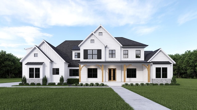 modern farmhouse featuring a front lawn and covered porch