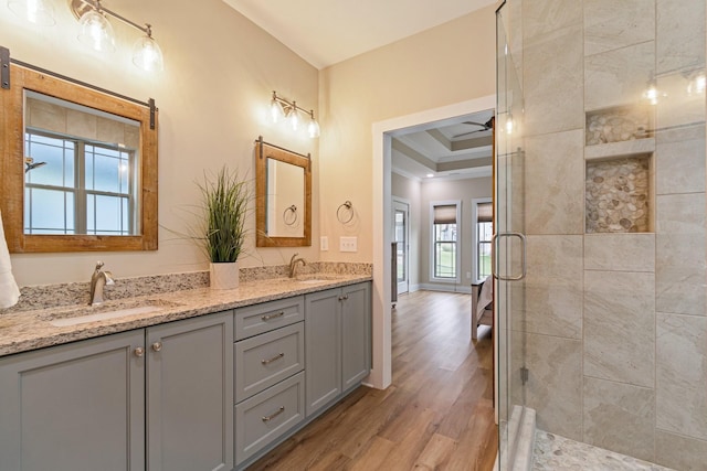 bathroom with vanity, a raised ceiling, a shower with shower door, and hardwood / wood-style flooring