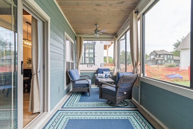 sunroom / solarium with ceiling fan and wooden ceiling