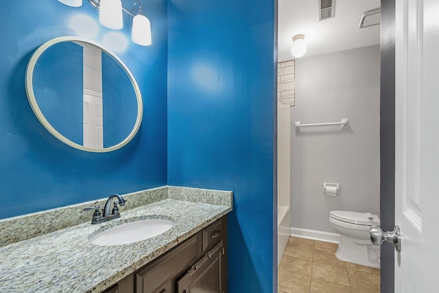 full bathroom with toilet, tile patterned floors, shower / bathtub combination, and vanity