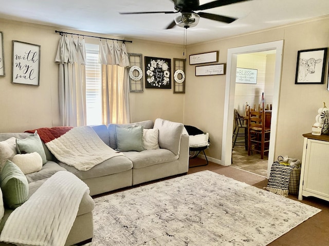 living room featuring ceiling fan