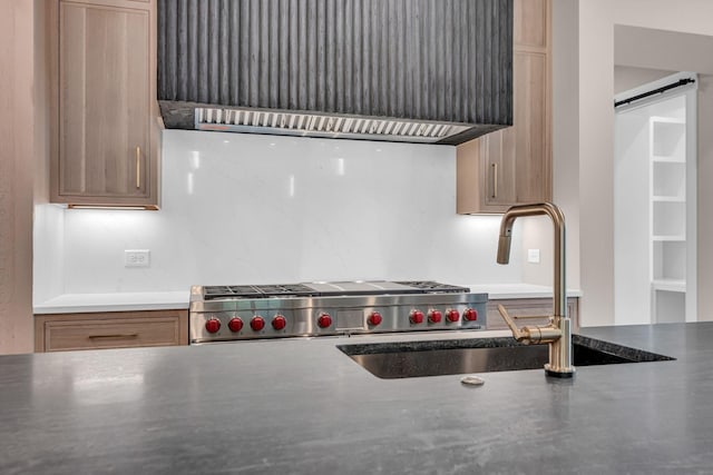 kitchen featuring premium range hood, a barn door, decorative backsplash, and sink