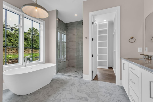 bathroom featuring separate shower and tub and vanity