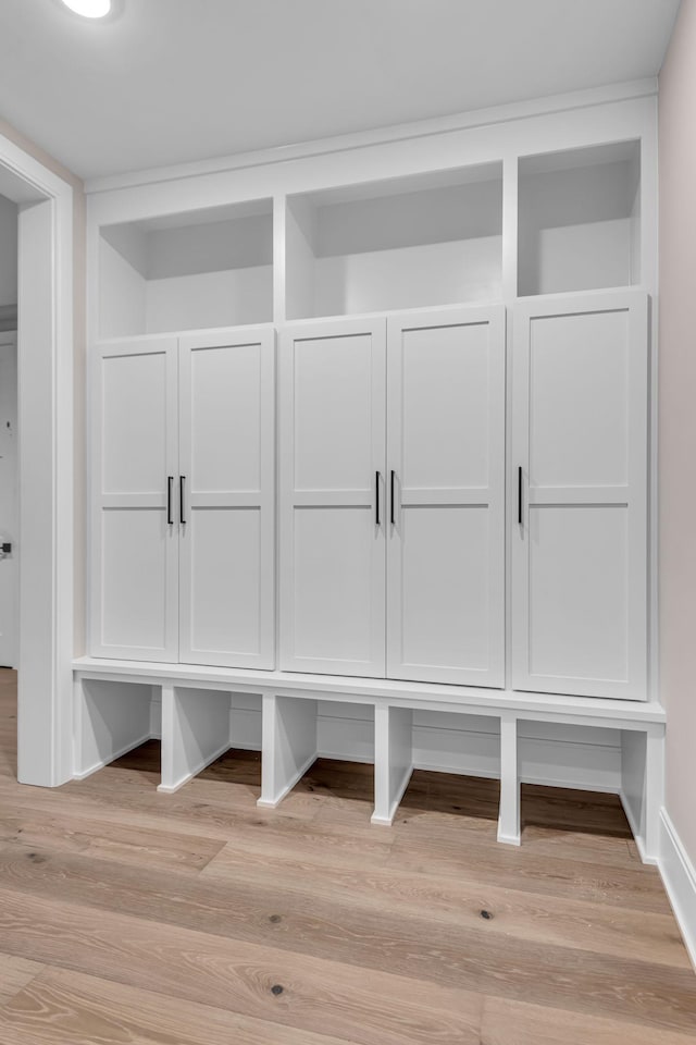 mudroom with light hardwood / wood-style flooring