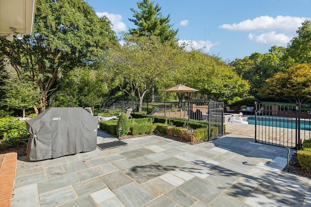 view of patio / terrace with a fenced in pool