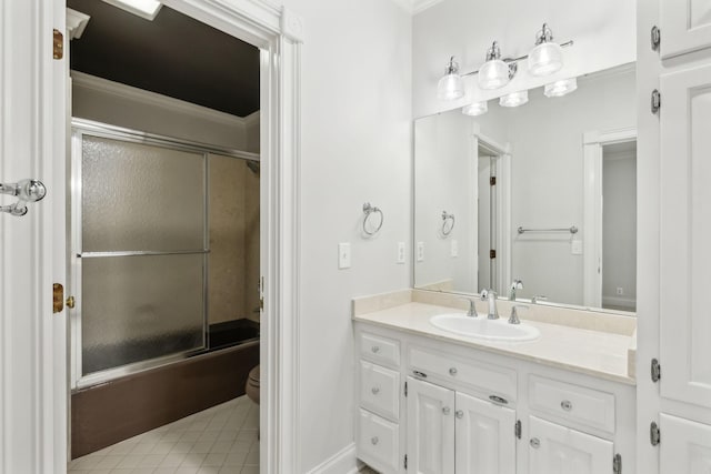 full bathroom with enclosed tub / shower combo, crown molding, vanity, and toilet