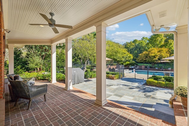 view of patio featuring a grill, ceiling fan, and a fenced in pool