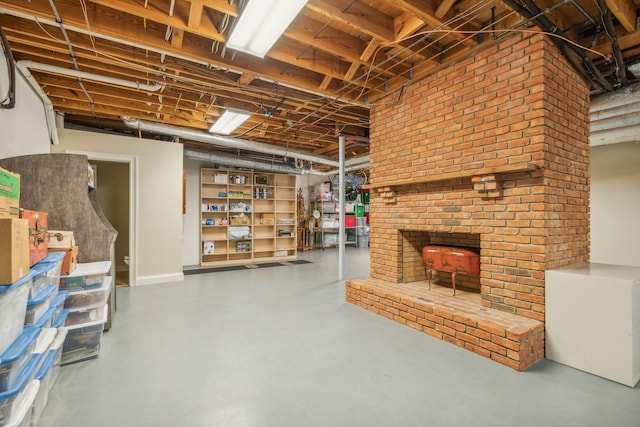 basement with a wood stove