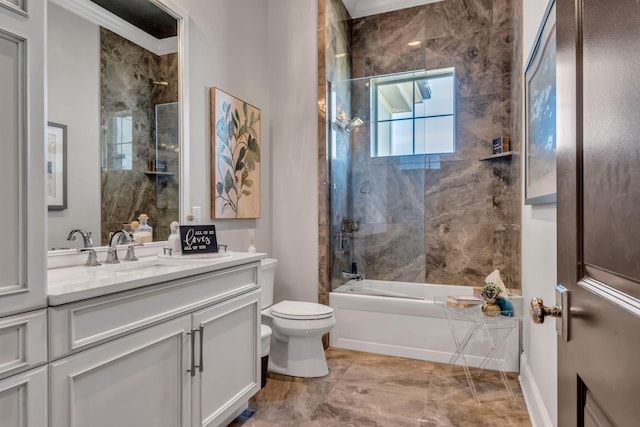 full bathroom with toilet, tiled shower / bath combo, crown molding, and vanity