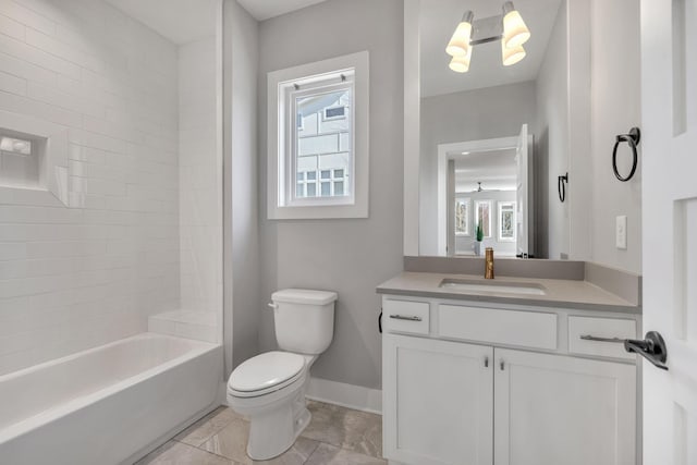 full bathroom featuring ceiling fan, toilet, vanity, and shower / washtub combination