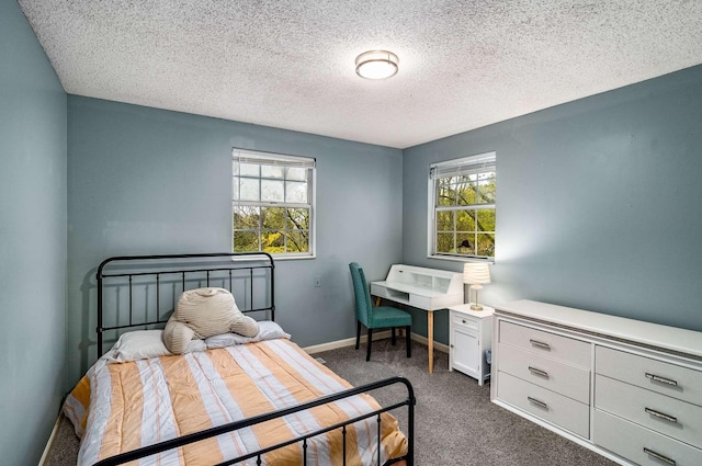 carpeted bedroom with a textured ceiling and multiple windows