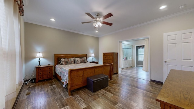 bedroom featuring ceiling fan, dark wood-type flooring, and ornamental molding