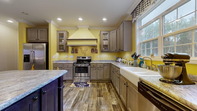 kitchen with stainless steel appliances, crown molding, premium range hood, hardwood / wood-style flooring, and sink