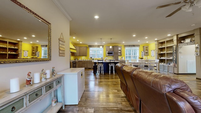 living room featuring ceiling fan, crown molding, and hardwood / wood-style floors