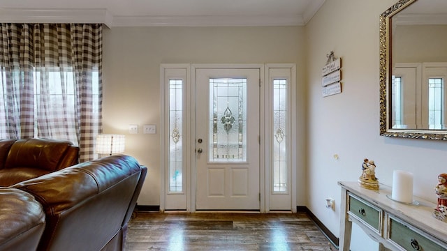 entrance foyer featuring ornamental molding and dark wood-type flooring