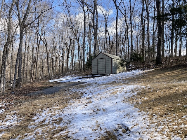 yard covered in snow featuring a storage shed