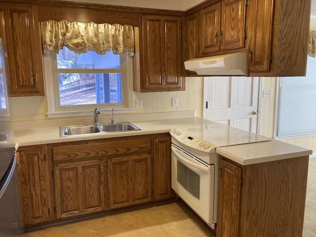 kitchen with sink, white electric stove, and kitchen peninsula