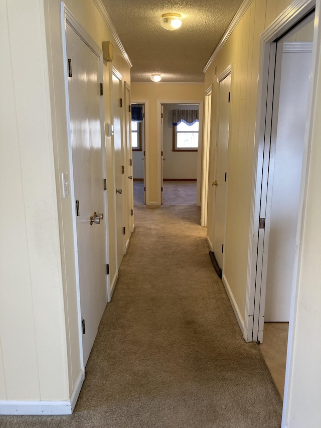 corridor with a textured ceiling, ornamental molding, and light colored carpet