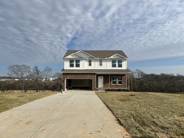 view of front of property featuring a porch, a front yard, and a garage