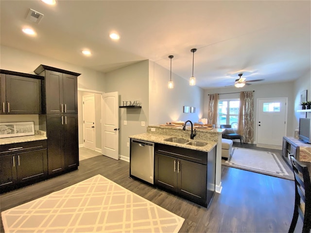 kitchen with sink, decorative light fixtures, ceiling fan, stainless steel dishwasher, and dark wood-type flooring