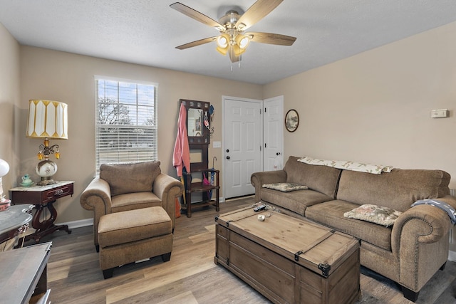 living room featuring ceiling fan, a textured ceiling, and wood-type flooring