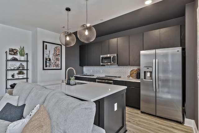 kitchen with stainless steel appliances, sink, tasteful backsplash, an island with sink, and pendant lighting