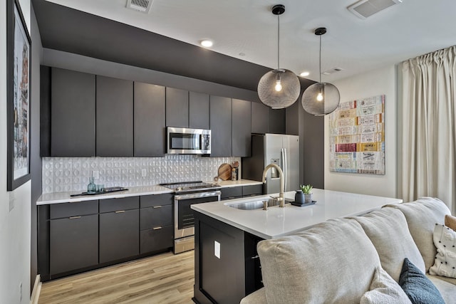 kitchen featuring hanging light fixtures, tasteful backsplash, a kitchen island with sink, appliances with stainless steel finishes, and sink