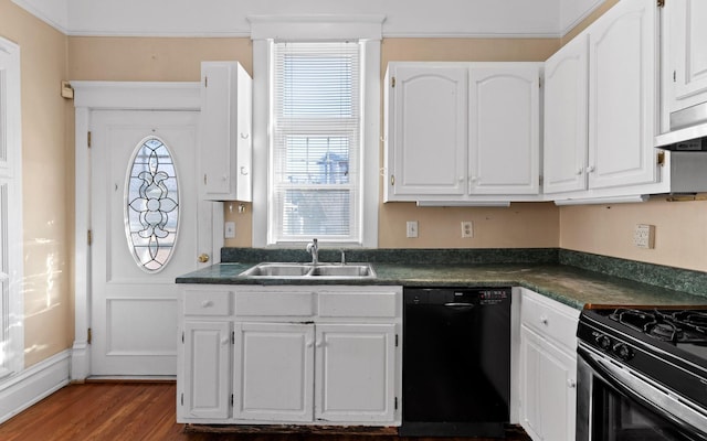 kitchen featuring dark hardwood / wood-style flooring, gas range oven, sink, black dishwasher, and white cabinetry