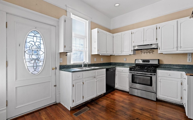 kitchen with sink, white cabinetry, dishwasher, and stainless steel gas range