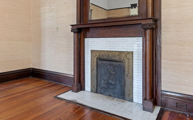 details featuring a fireplace and wood-type flooring