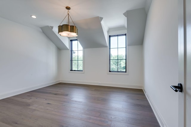 additional living space with dark wood-type flooring and lofted ceiling