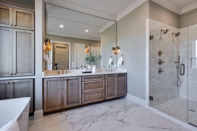 bathroom featuring vanity, ornamental molding, and plus walk in shower