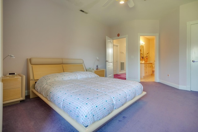 carpeted bedroom featuring ceiling fan and connected bathroom