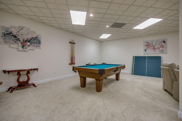 rec room with billiards and light carpet