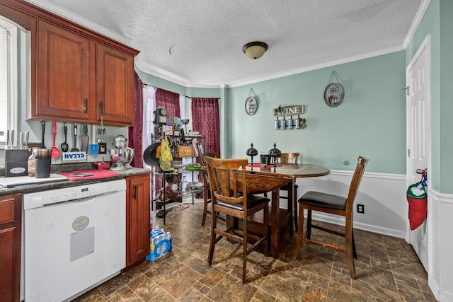 kitchen featuring white dishwasher, a healthy amount of sunlight, and ornamental molding