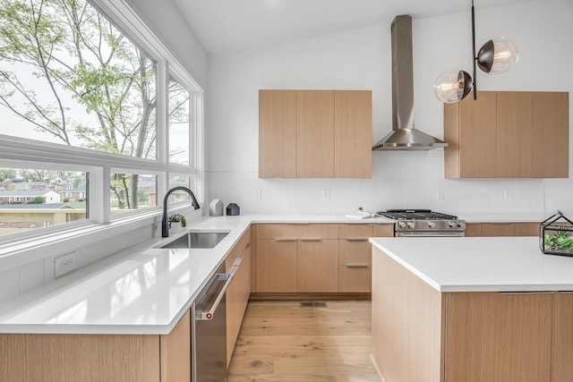 kitchen featuring appliances with stainless steel finishes, light wood-type flooring, wall chimney exhaust hood, light brown cabinets, and sink