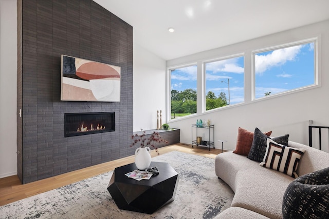 living room featuring lofted ceiling, a fireplace, and hardwood / wood-style floors