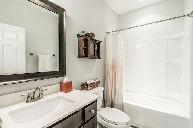 full bathroom featuring toilet, shower / bath combination with curtain, and vanity