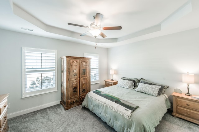 bedroom with a raised ceiling, ceiling fan, and multiple windows