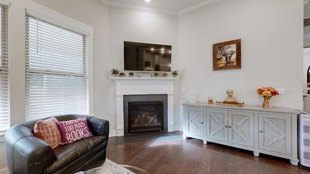 living room featuring dark hardwood / wood-style flooring and crown molding