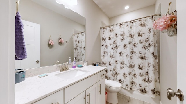 full bathroom featuring tile patterned flooring, toilet, vanity, and shower / bath combination with curtain