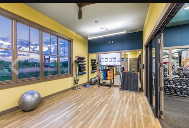 workout area with ceiling fan and light wood-type flooring