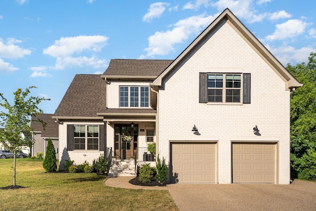 view of front of property with a front lawn and a garage