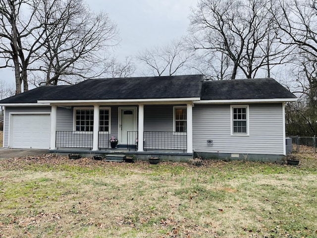 single story home with a garage, covered porch, and a front lawn