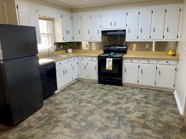 kitchen featuring white cabinets, under cabinet range hood, light countertops, black appliances, and a sink