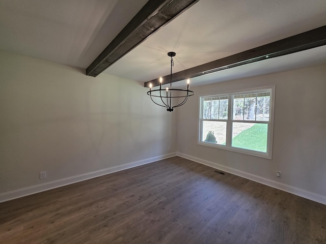 unfurnished dining area featuring visible vents, baseboards, an inviting chandelier, dark wood-style floors, and beamed ceiling