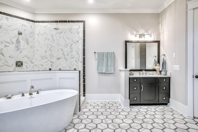 bathroom featuring shower with separate bathtub, ornamental molding, and vanity