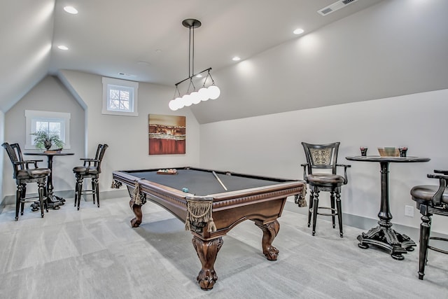 game room with pool table, light carpet, and lofted ceiling