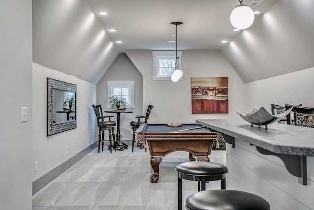 playroom featuring billiards, lofted ceiling, and light carpet