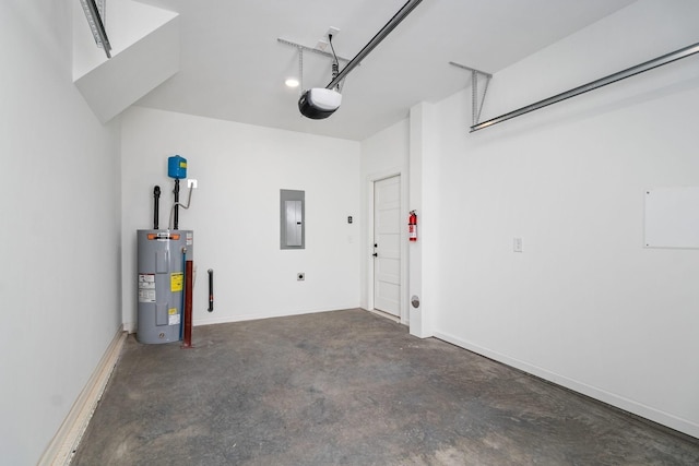 garage with a garage door opener, electric panel, and water heater